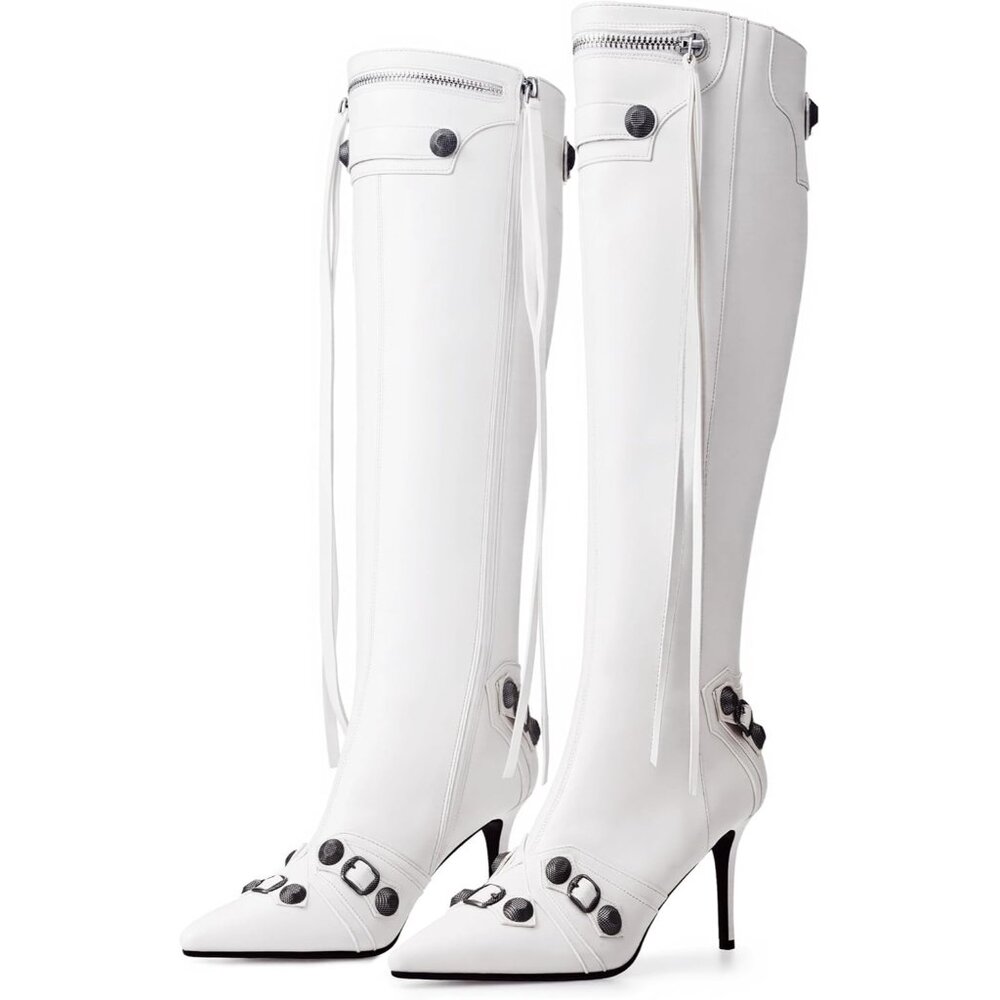 Women’s White Knee High Boots, Pointed Toe Stiletto High Heel With Zipper